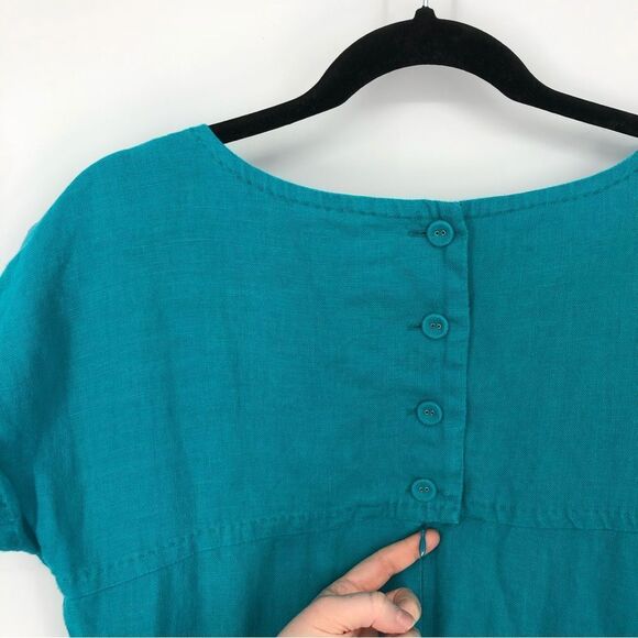 Banana Republic Dress Womens 12 Turquoise Blue 100% Linen Cap Sleeve Tier Stitch - Picture 8 of 14